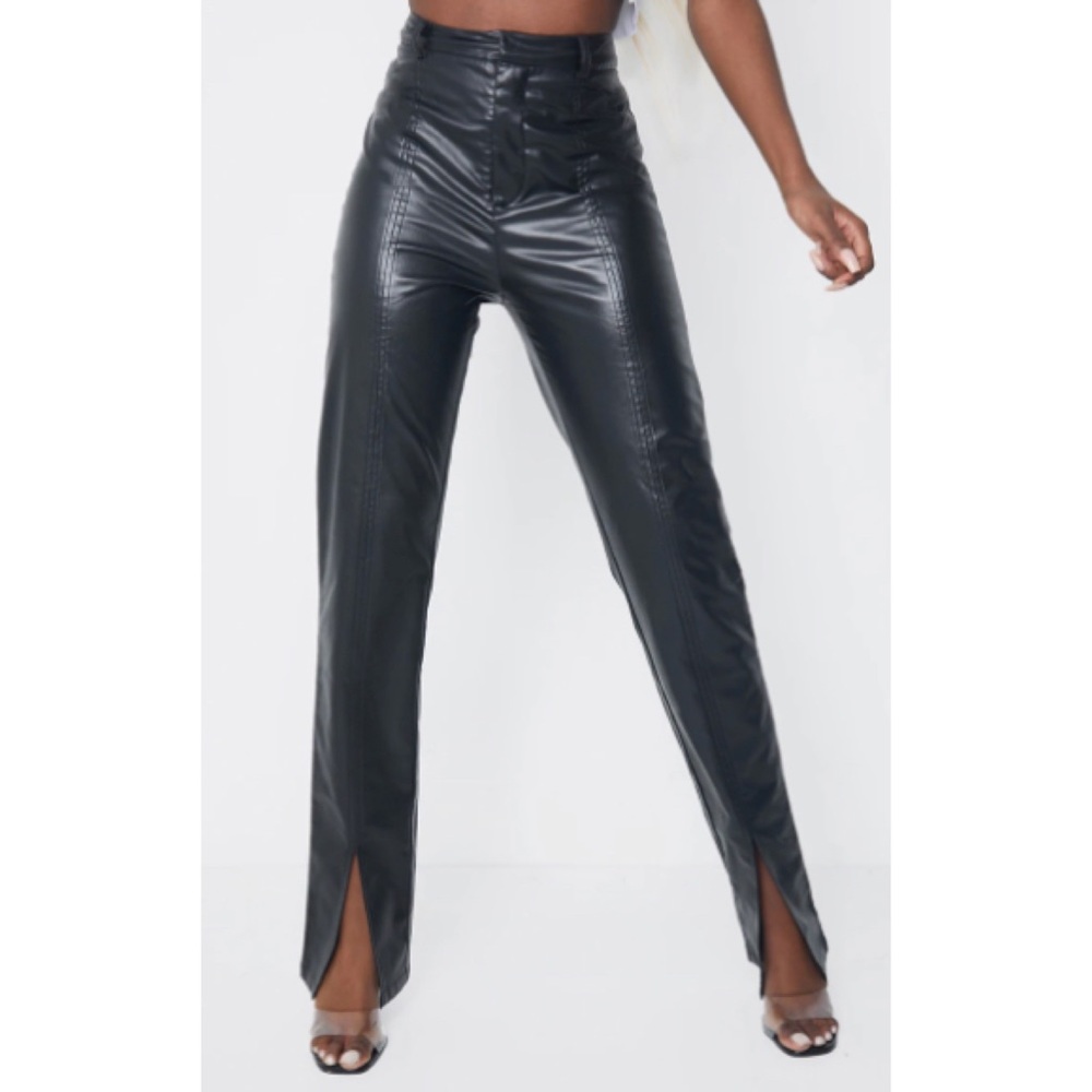 Tall Black Faux Leather Split Hem Seam Detail Skinny Pants Women Size 6